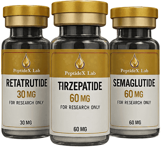 Three bottles of peptides with Tirzepatide in the middle, Retatrutide in the left and Semaglutide in the right